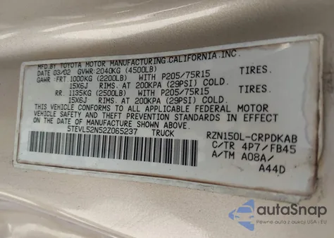 2002 Toyota Tacoma from USA, damaged, VIN 5TEVL52N52Z065237